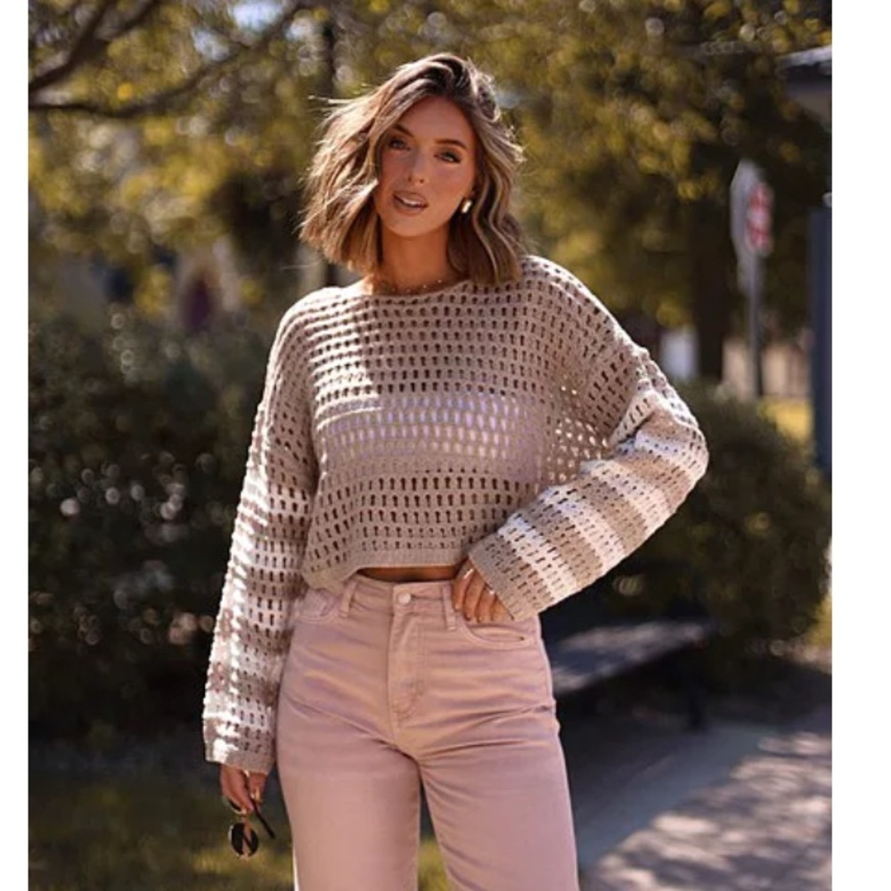 Stylish Open-Knit Brown and Cream Sweater